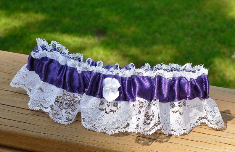 SALE Dark Purple White Garter Prom Bridal Lace Wedding Accessory Small Medium image 1