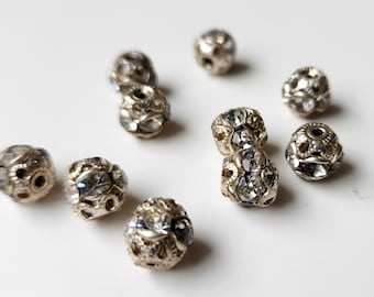 Crystal Rhinestone Silver Filigree Ball Beads Spacers 8mm 10 Beads