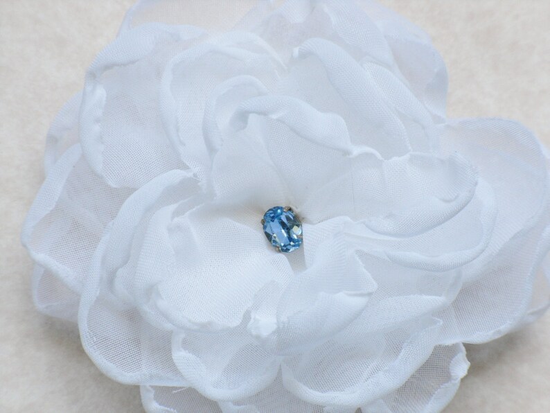 White Flower Hair Comb Bridal Blue Rhinestone Floral Fascinator Wedding Headpiece Something Blue