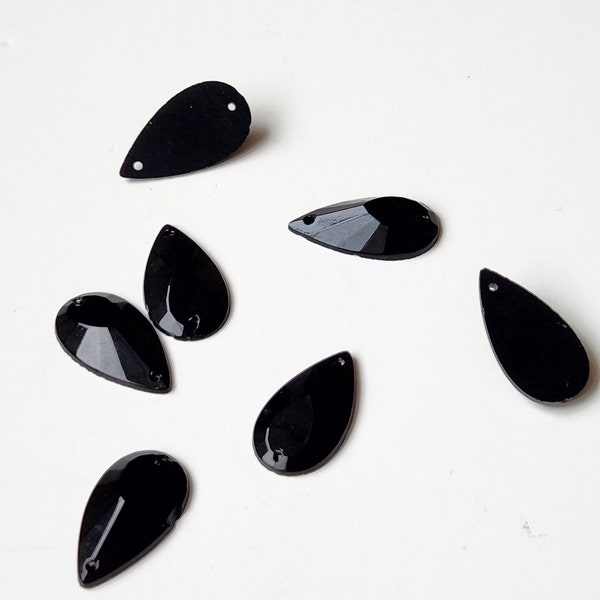 Jet Black Sew On Glass Rhinestone Pear Tear Drop Shaped Beads 20mm Rare Vintage 20 Beads