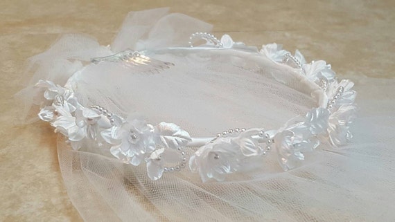 Miniature Bride Veil in White Girls 2T Silk Flower Pearl First Communion Veil