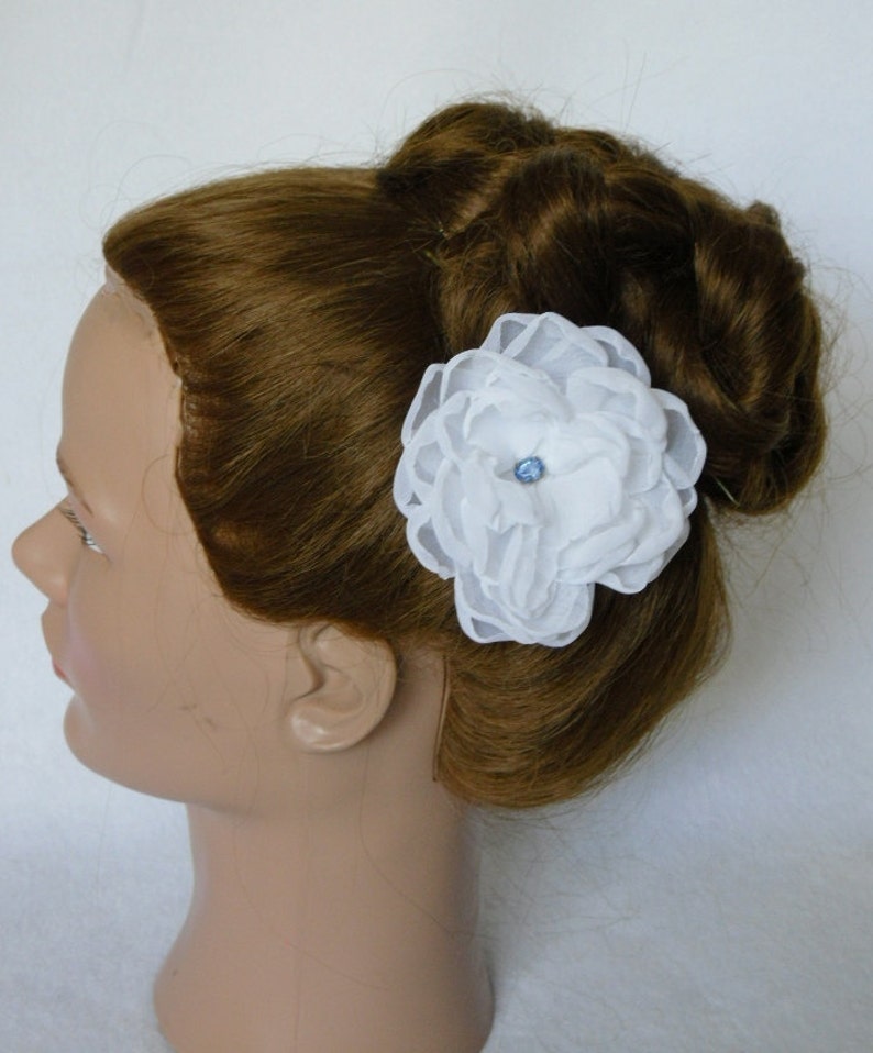 White Flower Hair Comb Bridal Blue Rhinestone Floral Fascinator Wedding Headpiece Something Blue