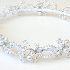 Pearl Crystal Crown Wreath Halo Bun Wrap Communion Flower Girl Headpiece