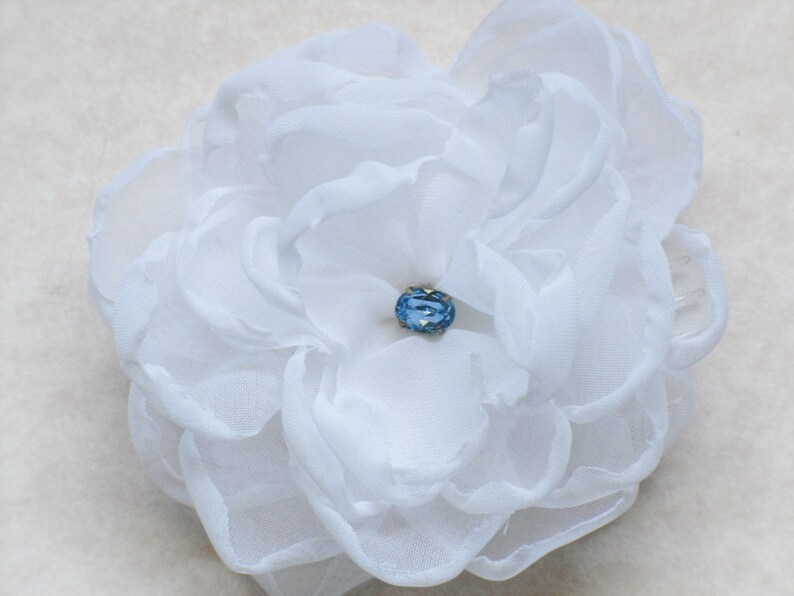White Flower Hair Comb Bridal Blue Rhinestone Floral Fascinator Wedding Headpiece Something Blue