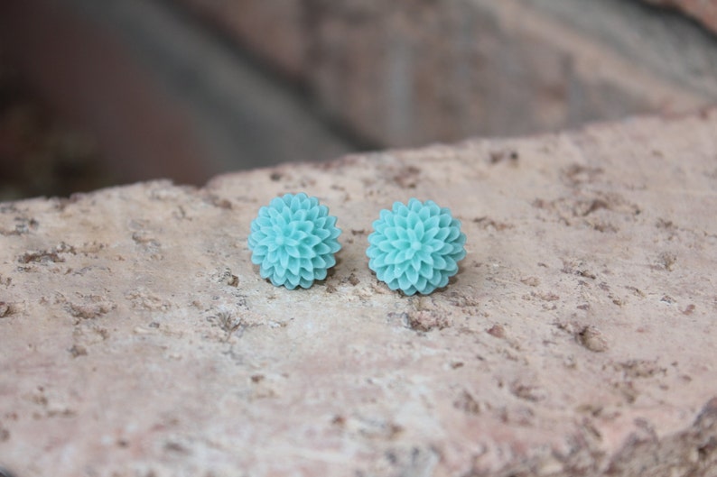 B3G1 free CUTE SERIES Small Dahlia 14mm Earrings . . . Buy 3 Get 1 FREE . . . Small Earrings, Cabochon Earrings, Surgical Steel Baby Blue