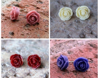 B3G1 free PETITE SERIES - 8mm Rose Earrings  . . . Buy 3 Get 1 FREE . . . Nickel Free Earrings, Surgical Steel, Cabochon Earrings