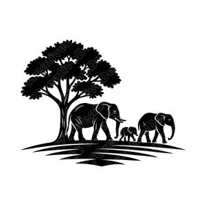 Peut inclure: Silhouette noire d'une famille d'éléphants marchant sous un arbre. L'image montre un grand arbre avec une canopée complète, projetant une ombre sur le sol. Deux éléphants adultes et un bébé éléphant marchent en file.