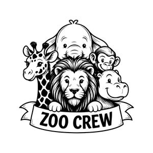 May include: A black and white graphic illustration featuring a group of zoo animals including a giraffe, elephant, lion, monkey, and hippo. The animals are arranged together above a banner that contains the text ZOO CREW in bold capital letters.