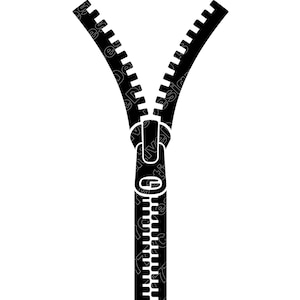 May include: A black zipper graphic on a white background. The zipper is open, with the two sides of the teeth separated. The zipper pull is a rounded rectangle with a hole in the center. The teeth are evenly spaced.