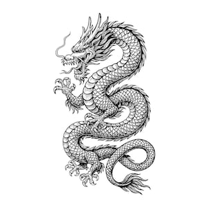 Peut inclure: Une illustration en noir et blanc au trait représentant un dragon serpentin avec des écailles détaillées, des griffes acérées et une crinière fluide. Le dragon est représenté dans une pose dynamique et enroulée, avec des moustaches.