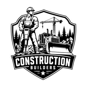 May include: A black and white graphic logo featuring a construction worker holding a jackhammer, a bulldozer, and a crane in the background. The design is enclosed in a shield shape with the text CONSTRUCTION BUILDERS and a star at the bottom.