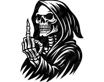Grim Reaper Middle Finger Vector Illustration, Grim Reaper SVG, PNG, Reaper Art, Reaper Death Clipart, Reaper Silhouette, Hooded Skeleton