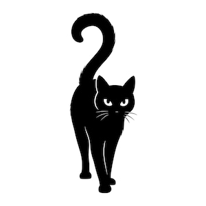 May include: A solid black silhouette illustration of a cat standing and facing forward. The cat has pointed ears, visible whiskers, and a long, curved tail that arches upward. The design features clean, sharp edges and a high-contrast aesthetic.