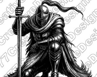 Kneeling Knight Vector Illustration, Knight Svg, Knight Png, Jpg, Knight Art, Knight Clipart, Cut Files, Knight Silhouette, Medieval Knight