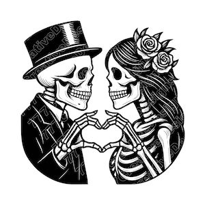 Skeleton Couple Vector Illustration, Skeleton SVG, PNG, JPG, Skeleton Art & Clipart, Skeleton Silhouette, Gothic Skeleton, Romantic Skeleton
