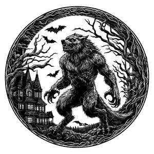 Ilustración vectorial de hombre lobo, hombre lobo SVG, lobo PNG, Jpg, arte de hombre lobo, clipart de hombre lobo, archivo de corte, silueta de hombre lobo, hombre lobo en luna llena