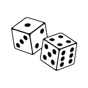 May include: A black and white line art illustration of two six-sided dice. The left die shows one, three, and four pips on its visible faces. The right die displays five, six, and three pips on its visible faces. The design features bold outlines.