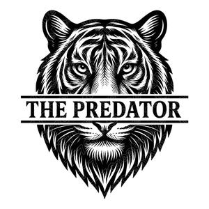 May include: A detailed black and white illustration of a tiger's face. The image features intricate line work, emphasizing the tiger's fur and facial features. The text "THE PREDATOR" is displayed across the center of the image.