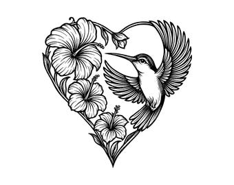 Ilustración vectorial de corazón de colibrí, SVG de colibrí, PNG de colibrí, JPG, arte de colibrí, clipart de colibrí, silueta de colibrí