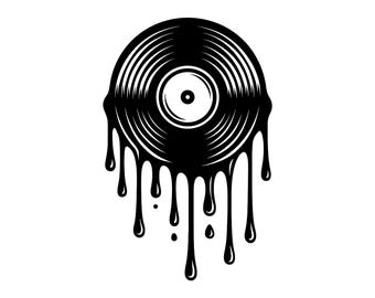 May include: A black and white graphic illustration of a circular vinyl record. The record features concentric grooves and a central label, with thick black liquid dripping downwards from the bottom edge of the disc, creating a melting effect.