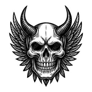 Puede incluir: Ilustración en blanco y negro de una calavera con grandes cuernos curvados y alas emplumadas. La calavera presenta un diseño detallado con dientes y cuencas de los ojos visibles, creando un tema gótico o de fantasía.
