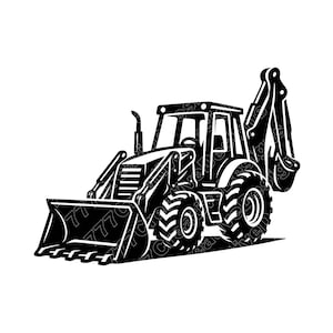 May include: Black and white illustration of a backhoe loader. The image shows the front bucket, cab, and rear arm of the construction vehicle. The tires are large and have a tread pattern. The backhoe is on a white background.