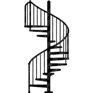 Puede incluir: Silueta negra de una escalera de caracol sobre un fondo blanco. La escalera presenta una columna central y barandillas curvas, con escalones en espiral. El diseño es una representación simple y elegante de elementos arquitectónicos.