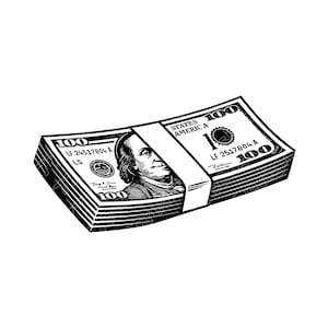 Può includere: Illustrazione in bianco e nero di una pila di banconote da cento dollari statunitensi, fissate con una fascia di carta bianca. Le banconote presentano un ritratto e la scritta "100" in più punti.
