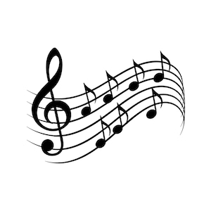 May include: A black graphic illustration featuring a treble clef positioned at the beginning of five curved horizontal musical staff lines, with various black musical notes arranged along the staff lines in a flowing, wave-like composition.