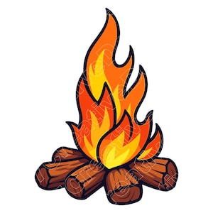 May include: A cartoon illustration of a campfire with flames in shades of orange and yellow rising above brown logs. The flames have a black outline, and the logs are detailed with wood grain.