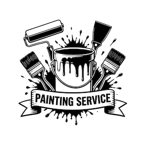 Pode incluir: Uma ilustração gráfica a preto e branco com um balde de tinta com tinta a escorrer, um rolo de pintura, uma espátula e dois pincéis. Uma faixa na parte inferior contém o texto PAINTING SERVICE em letras maiúsculas.