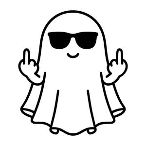 May include: A black and white line art illustration of a ghost wearing black sunglasses. The ghost has two arms raised, with both hands displaying a middle finger gesture. The character features a simple curved line for a mouth and a rounded head.