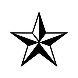 May include: A five-pointed star graphic featuring a high-contrast design where each of the ten triangular segments alternates between solid black and white, creating a sharp, geometric, and symmetrical nautical star pattern on a plain background.
