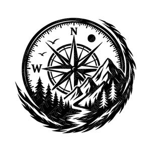 May include: Black and white compass design with a mountain range, trees, and birds. The compass rose points north. The design is circular and has a detailed, stylized appearance.