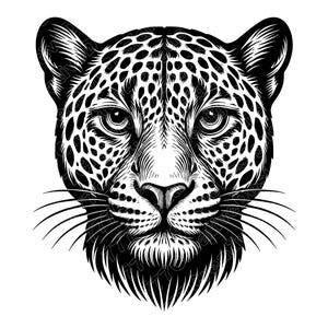 Puede incluir: Ilustración detallada en blanco y negro de la cara de un leopardo. La imagen muestra el distintivo patrón de manchas del leopardo, sus bigotes y su mirada intensa. La obra de arte está realizada con líneas finas, enfatizando los rasgos del animal.
