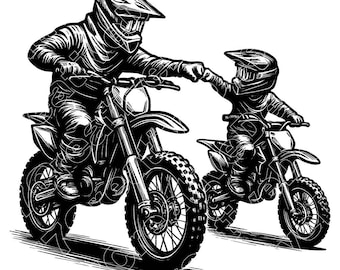 Father And Son Motocross Vector Illustration, Motocross Svg, Motocross Png, Jpg, Motocross Art & Clipart, Motocross Silhouette, Dirt Bike