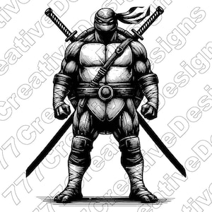 Può includere: Illustrazione in bianco e nero di una figura muscolosa mascherata con due katane incrociate. Il personaggio indossa una cintura, ginocchiere e bende su braccia e gambe. L'immagine ha uno stile fumettistico dettagliato.