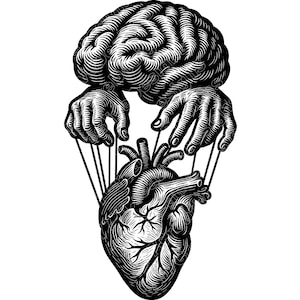 May include: Black and white illustration of a brain controlling a heart. The brain is at the top, with hands holding strings attached to the heart below. The image has a detailed, cross-hatch style.