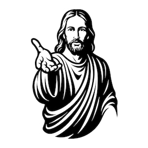 Könnte beinhalten: Eine schwarz-weiße grafische Illustration einer bärtigen Figur mit langem Haar, die ein drapiertes Gewand trägt. Die Figur ist ab der Brust dargestellt, wobei ein Arm nach vorne gestreckt ist und die Hand offen eine Geste macht.