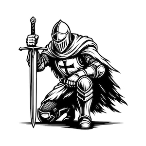 Kneeling Knight Vector Illustration, Knight SVG, Knight PNG, JPG, Praying Knight Clipart, Knight Silhouette, Medieval Knight, Warrior Knight