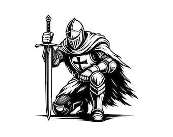 Kneeling Knight Vector Illustration, Knight SVG, Knight PNG, JPG, Praying Knight Clipart, Knight Silhouette, Medieval Knight, Warrior Knight