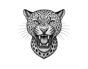 May include: A black and white stippled illustration of a snarling leopard head. The feline features detailed fur patterns with dark spots, sharp visible teeth, an open mouth, and long whiskers, rendered in a high-contrast ink drawing style.
