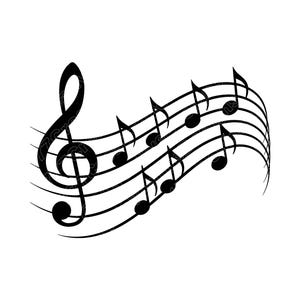 May include: Black and white illustration of musical notes and a treble clef on a staff. The musical notes are round and black, and the staff lines curve across the image. The treble clef is large and prominent.
