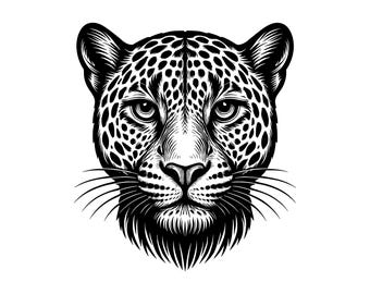 May include: A black and white graphic illustration of a leopard head facing forward. The design features detailed line work, prominent spots across the forehead and cheeks, sharp eyes, a textured nose, and long whiskers extending from the muzzle.