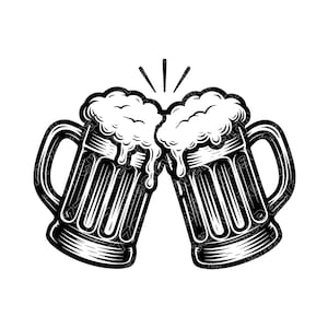 May include: Black and white illustration of two beer mugs clinking together. The mugs are filled with foamy beer, with the foam overflowing. The mugs have handles and vertical lines on the sides.