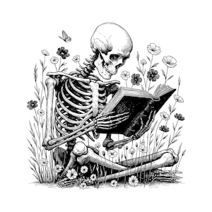 Book Reading Skeleton Vector Illustration, Skeleton Svg, Book Png, Jpg, Skeleton Art & Skull Clipart, Skeleton Silhouette, Reading Skeleton