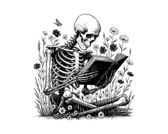 Book Reading Skeleton Vector Illustration, Skeleton Svg, Book Png, Jpg, Skeleton Art & Skull Clipart, Skeleton Silhouette, Reading Skeleton