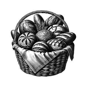 May include: A black and white line art illustration of a woven basket filled with various loaves of bread. The basket is lined with a cloth and contains round and oval shaped breads with scored crusts, along with stalks of wheat tucked inside.