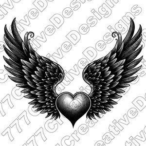 Puede incluir: Ilustración en blanco y negro de un corazón con alas. El corazón está en el centro de la imagen y las alas están extendidas a ambos lados.