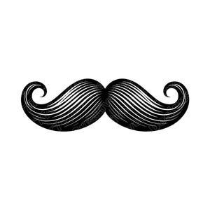 May include: A monochrome illustration of a detailed mustache. The black mustache features a traditional, curved design with upward-curling ends. Fine, parallel lines create texture. The image is set against a clean white background.